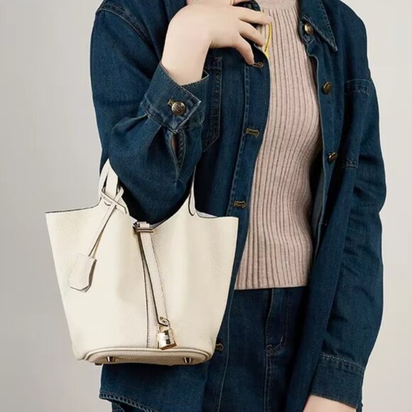 Elegant Genuine Leather Bucket Bag with Lock — 5 Colors Available - Picture 15 of 16